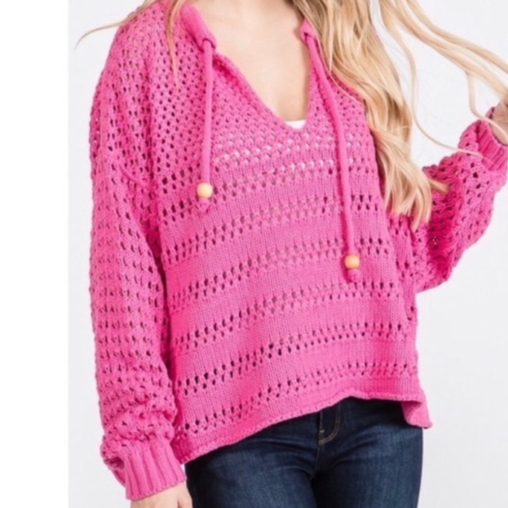 Hot Pink Balloon Sleeve Front Tie Sweater New